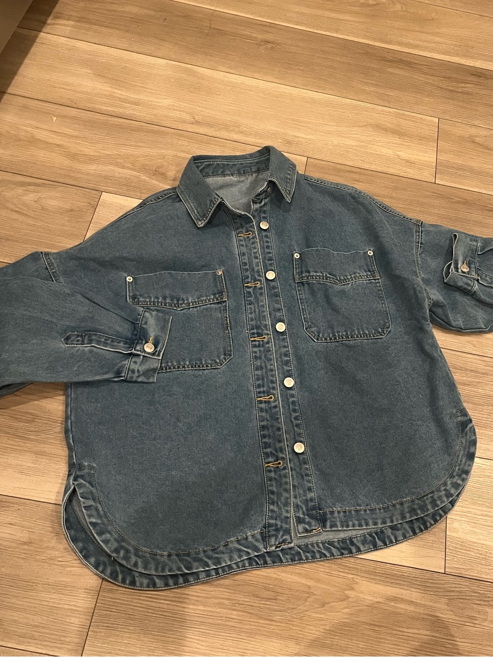 Classic Denim Button-Up Shirt Jacket - Medium Wash Blue